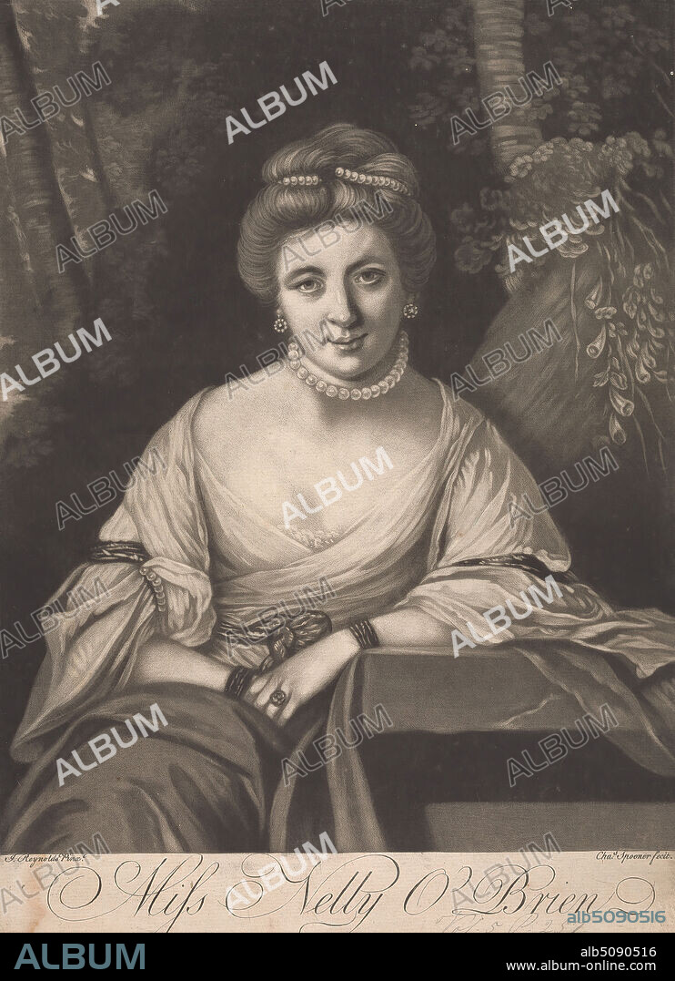Miss Nelly O'Brien, Charles Spooner, c.17201767, Irish, after Sir Joshua Reynolds RA, 17231792, British, undated, Mezzotint on medium, moderately textured, cream, laid paper, Sheet: 13 3/4 × 10 inches (34.9 × 25.4 cm) and Image: 12 3/8 × 9 7/8 inches (31.4 × 25.1 cm).