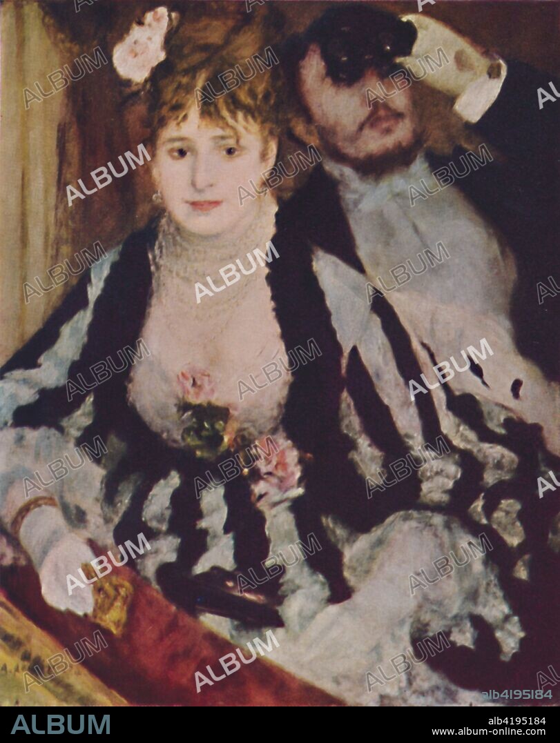 'La Loge', 1874, (c1950). 'La Loge' (The Theatre Box): a couple watch a performance. Renoir's brother Edmond and Nini Lopez, a model from Montmartre known as 'Fish-face', posed for the picture. Painting in the Courtauld Gallery, London. From The Outline of Art, edited by Sir William Orpen. [George Newnes Limited, London, c1950].
