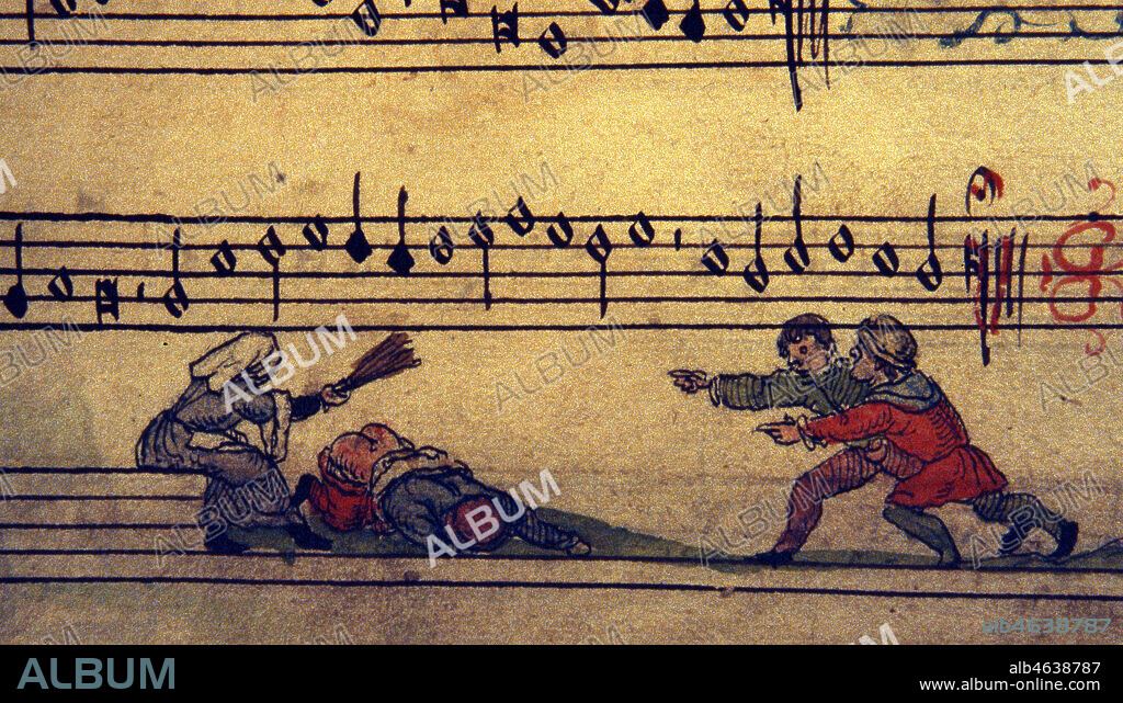 Un homme, fesses nues, se fait fouetter par sa femme. Enluminure tiree d'un recueil de chansons datant de 1542 (16e, 16eme, XVIe s.). Manuscrit conserve a la bibliotheque municipale de Cambrai. Ms 128. Credit : Collection JEAN VIGNE / KHARBINE-TAPABOR.