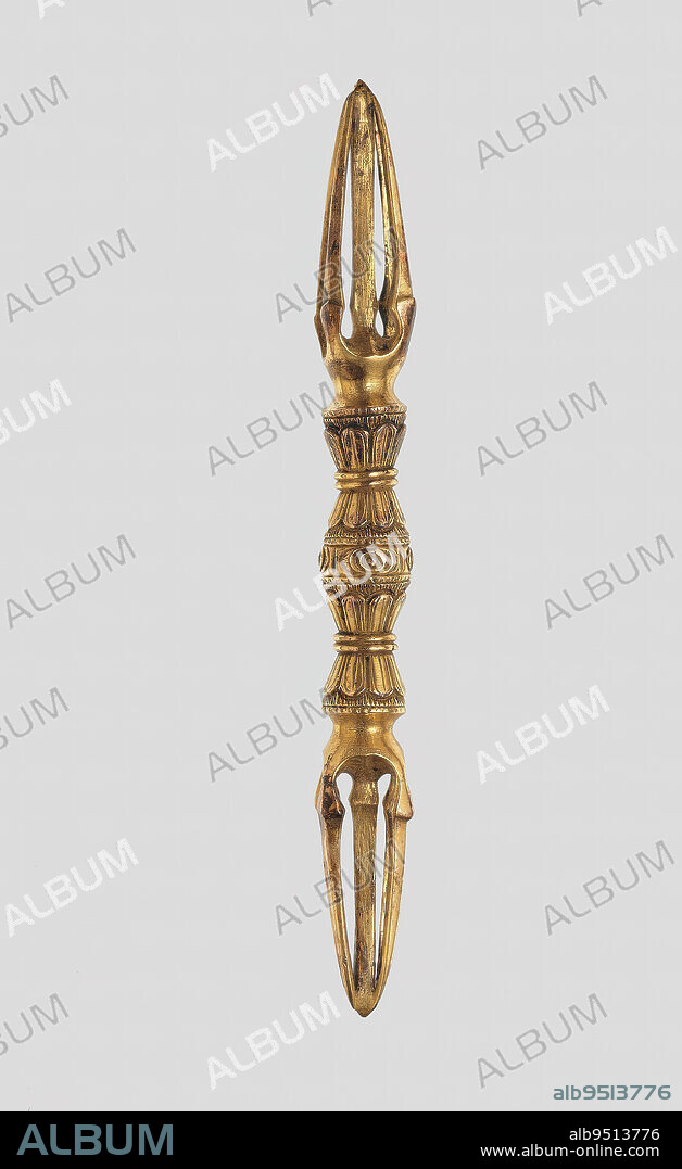 Five-pronged vajra, late 14th century, Unknown Japanese, 5 1/2 × 9/16 × 5/8 in. (13.97 × 1.43 × 1.59 cm), Gilt bronze, Japan, 14th century, A Vajra (thunderbolt) is a ritual implement used in Esoteric Buddhist ceremonies. Originally a weapon carried by ancient Indian gods, it was adopted into Buddhism as a symbol of the indestructible truth of the Buddhas teaching. Five-pronged vajras are said to represent the Five Wisdoms of the Five Cosmic Buddhas. This is an unusual example with its prongs positioned closely together and, in fact, attached to the tip of the central prong. This arrangement is said to suggest the nascent enlightened mind.
