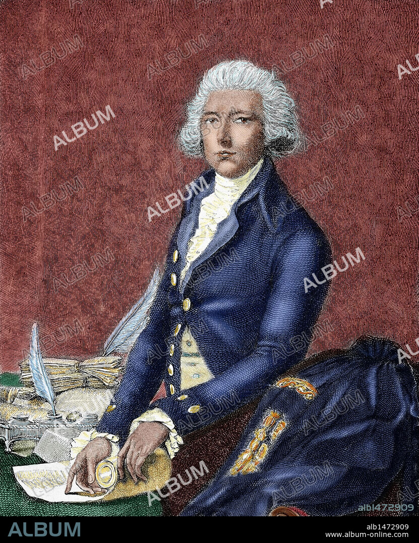 PITT, William (Londres,1708-Hayes,1778), conde de Chatham, llamado "Pitt el Viejo" o "el Primer Pitt". Político británico. Ingresó en los Comunes en las filas "whig" en 1735. Dirigió el gobierno entre 1757 y 1761. Pitt consagró su vida al "engrandecimiento" de Gran Bretaña, que veía realizable por medio del aislamiento insular respecto a Europa. Grabado coloreado.