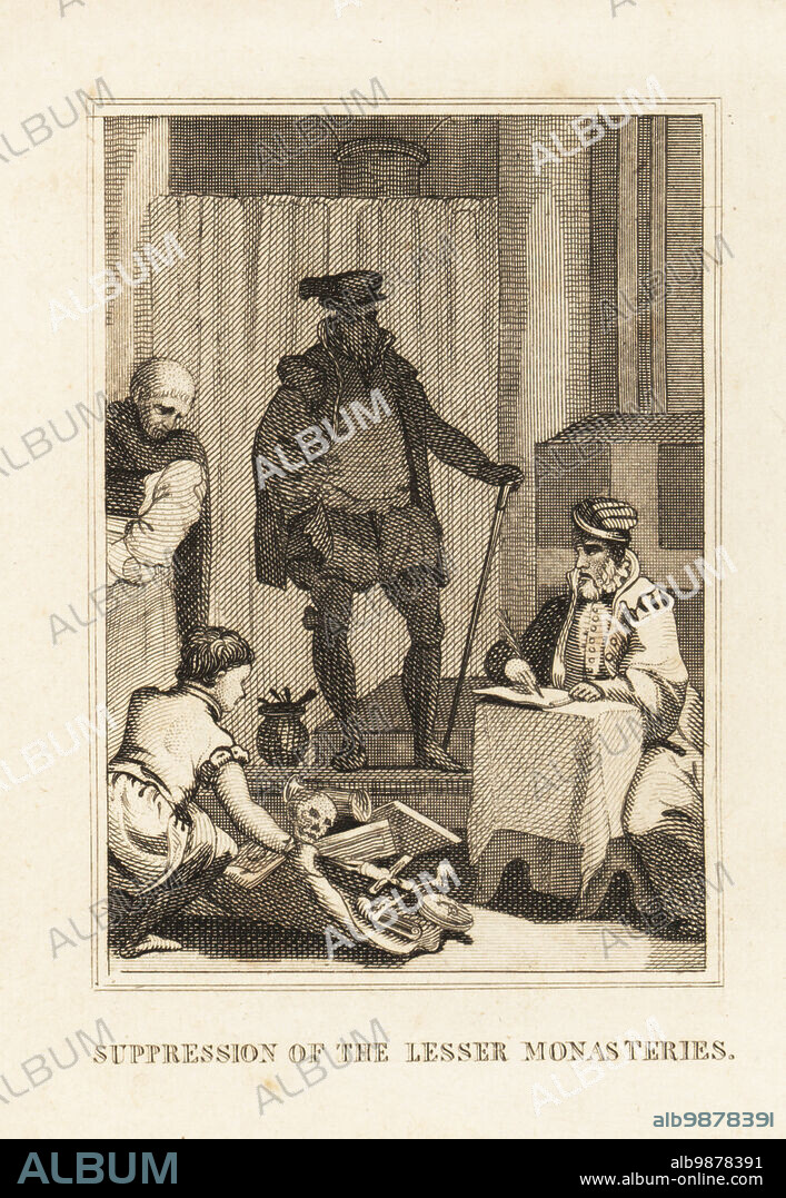 King Henry VIII overseeing the dissolution of the Catholic monasteries, 1536-41. A boy steals relics, gold, crucifix, and other booty in front of a clerk and a monk. Suppression of the lesser monasteries. Copperplate engraving from M. A. Jones History of England from Julius Caesar to George IV, G. Virtue, 26 Ivy Lane, London, 1836.