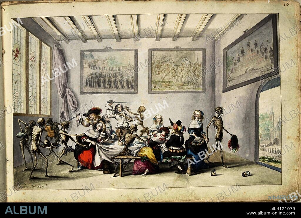 Cheerful company that is disturbed by death. Draughtsman: Gesina ter Borch (signed by artist). Dating: 1660. Place: Zwolle. Measurements: h 243 mm × w 360 mm.