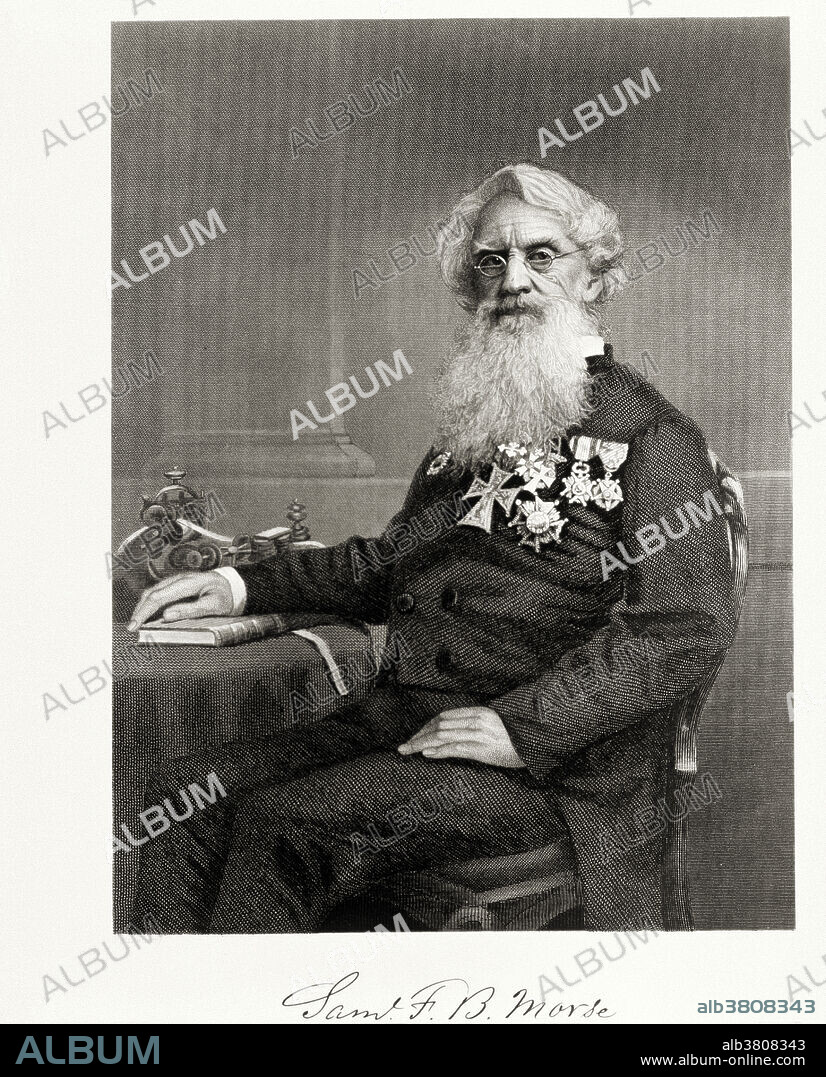 Samuel Morse. Portrait of Samuel Finley Breese Morse (1791-1872), American inventor of tele- graphy, in old age. Morse initially made his living as a painter. From 1832 he began work on electrical communication and designed a telegraph printer. Morse filed a patent for a practical system on 6th October 1837. On 6 January 1838 he gave the first demonstration of his Morse Code, a way of communicating using a series of dots and dashes. The first telegraph line, about 65km long, was completed in 1844 and linked Washington to Baltimore. The first message sent on it was "What hath God wrought". Morse was made very wealthy by his invention.