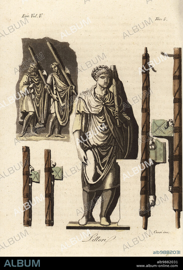 Roman lictors, bodyguards to magistrates, in toga and laurel wreath, with their ceremonial fasces or bipennis. Littori. Handcoloured copperplate engraving by Corsi from Giulio Ferrarios Costumes Ancient and Modern of the Peoples of the World, Il Costume Antico e Moderno, Florence, 1843.