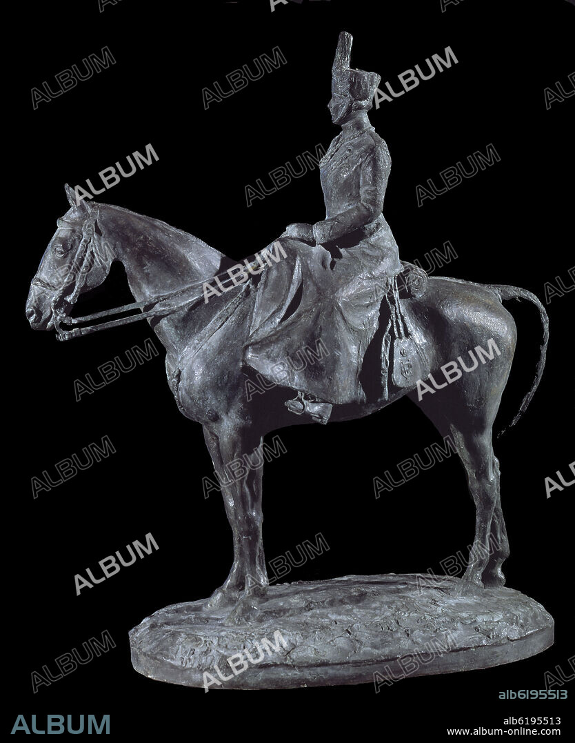 MARIANO BENLLIURE Y GIL. RETRATO DE DOÑA VICTORIA EUGENIA MONTADA A CABALLO CON UNIFORME DE CORONEL DE CAZADORES - SIGLO XX.