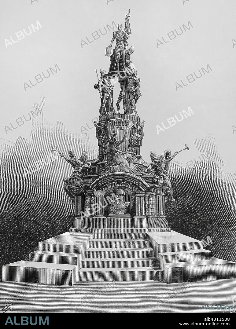MANUEL NAO (1843-1884). SPANISH ARTIST. EUGENIO VELA (D. 1895). SPANISH ENGRAVER.. Simón Bolívar (1783-1830). Militar y político venezolano, conocido como El Libertador. Grupo escultórico, en bronce y mármol, que los cónsules de Venezuela en el extranjero dedican a la memoria de Bolívar con motivo de la fiesta del Centenario, el 24 de julio de 1883. Bolívar aparece llevado, sobre un pavel de oro, a hombros de cuatro estatuas alegóricas, representando el Amor a la patria, la Libertad, la América meridional y la Esclavitud emancipadas. A los lados de la estatua aparecen dos victorias aladas tocando el clarín de la Fama y proclamando las hazañas del Libertador. Dibujo por Nao. Grabado por Vela. La Ilustración Española y Americana, 1883.