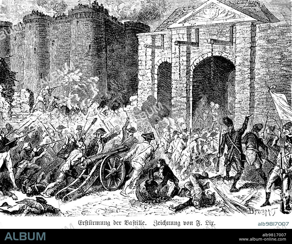 Marie Antoinette, 1789 storming of the Bastille, Queen Marie Antoinette, Versailles, cannons, soldiers, city wall, revolution, flag, 18th century, history, historical illustration 1894