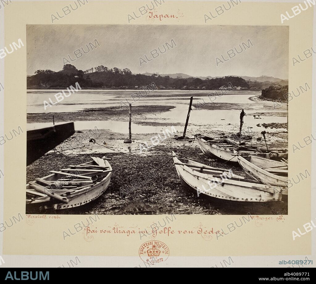 WILHELM BURGER. Boats moored on a beach or riverbank in Yedo (Edo.). [A Series of 56 Views of Towns, Villages ... in] Japan. W. Burger ph. Japan, c.1869. Source: Maps.8.d.24 plate 16.