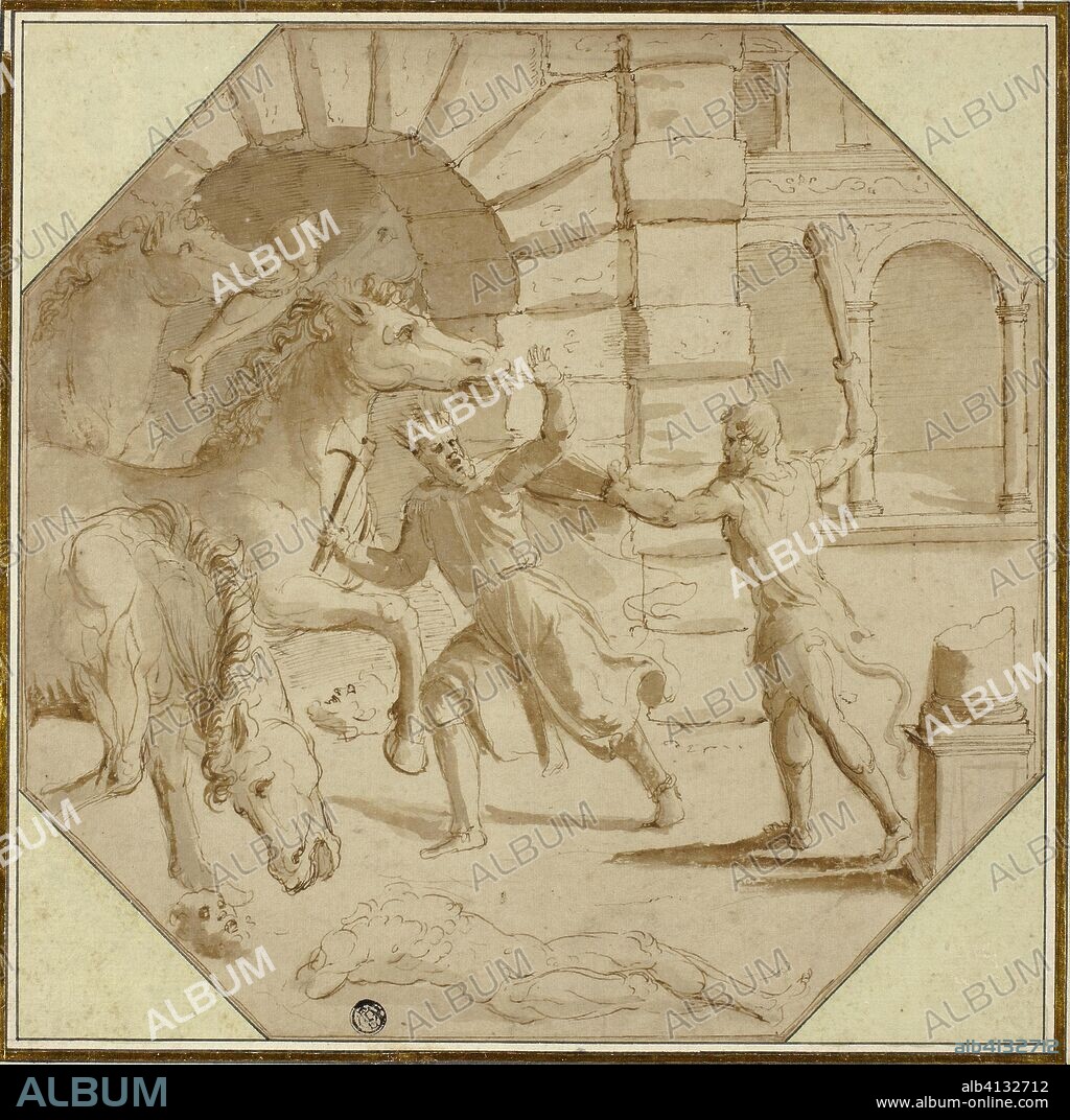 Hercules Felling King Diomedes. Giulio Pippi, called Giulio Romano; Italian, c. 1499-1546. Date: 1540-1546. Dimensions: 287 x 290 mm (max.). Pen and brown ink with brush and brown wash, on octagonal-shaped buff laid paper, laid down on ivory laid paper. Origin: Italy.