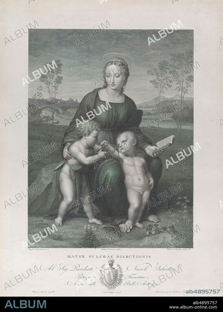Raphael Morghen, Madonna del Cardellino, Raphael Morghen (Italian, Naples 17581833 Florence), Intermediary draftsman Pietro Ermini (Italian, Arezzo 17741850 Arezzo), After Raphael (Raffaello Sanzio or Santi) (Italian, Urbino 14831520 Rome), 1814, Engraving; fourth state of four, Plate: 12 15/16 × 9 in. (32.8 × 22.8 cm), Sheet: 20 13/16 × 14 1/4 in. (52.8 × 36.2 cm), Prints.