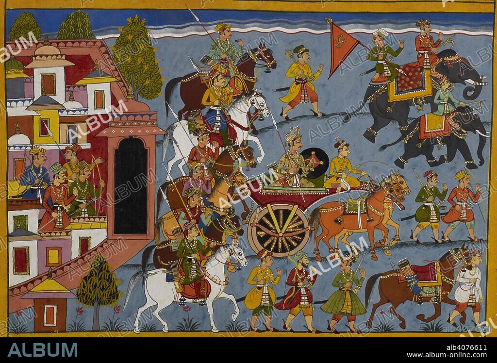 Shatrughana departs Ayodhya to return to his kingdom. He is shown leaving the city accompanied by his attendants. Ramayana. Udaipur, 1653. Source: Add. 15297(2), f.90. Language: Sanskrit.