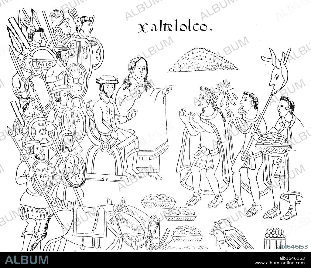 Hernandez Cortes or Cortez (1485-1547) Spanish conquistador who conquered Mexico, in Xaltelolco. Beside him is La Malinche his native mistress who acted as interpreter. Engraving after 16th century codex 'History of Tlaxcala'.