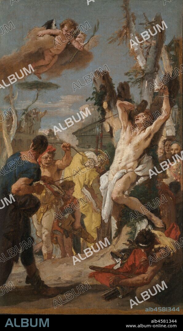 Study for "The Martyrdom of Saint Sebastian" (for the Augustinian monastery at Diessen, Germany), 1739. In 1739 a pair of monumental altarpieces by two Venetian painters (Giovanni Battista Tiepolo and Giambattista Pittoni) were installed in a church in southern Germany, part of a carefully orchestrated decorative program that included architecture, painting, sculpture, and decorative stuccowork. This sketch is Tiepolo?s initial design for his altarpiece, submitted for approval before beginning the final work. With quick, assured brushstrokes, he represents the Christian martyr Sebastian bound to a tree and shot with arrows, flooded with radiant light to symbolize his devotion to his faith.