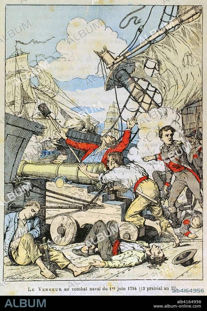 Consulado Francés. Guerras Revolucionarias Francesas. Primera Guerra de Coalición. Batalla del Primer Glorioso de Junio de 1794 o Bataille du 13 prairial an 2, cerca de la isla francesa de Ushant, Oceano Atlántico. El navío de tercera clase con 74 cañones "Vengeur du People" al mando del capitán Renaudin luchando contra la flota inglesa. Ilustración a color de la "Armeé Française, Nos Soldats" (Ejército Francés, Nuestros Soldados). Autor, Eugene Hennebert (1826-1896). París, h. 1890. Ilustración firmada por Hussenot y Pallandre. Biblioteca Histórico Militar de Barcelona, Cataluña, España.