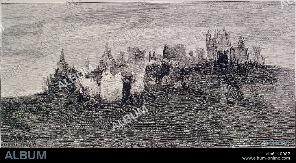 VICTOR HUGO (1802-1885). DIBUJO - RUINAS DE CASTILLO.