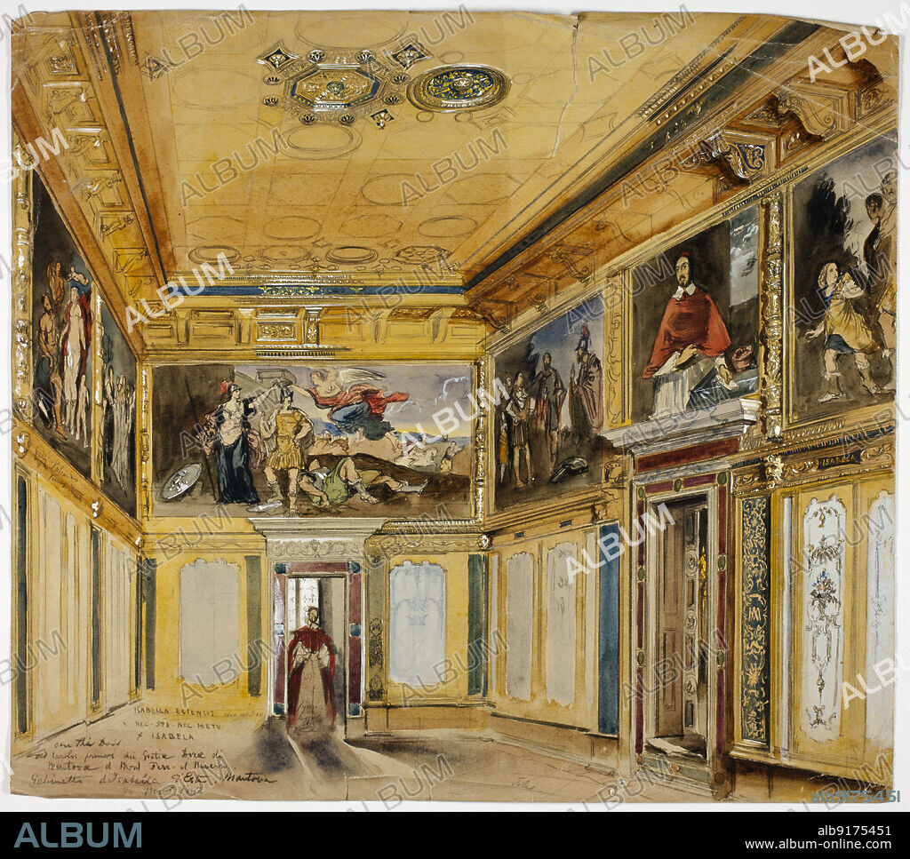 Gabinetto d'Isabella d'Este, Mantua, 1842. 'Studiolo' of Isabella d'Este in the Ducal Palace in Mantua: private study in the Corte Vecchi apartments, designed by, and with a collection of art specially commissioned by her. Sketch possibly by Joseph Nash.