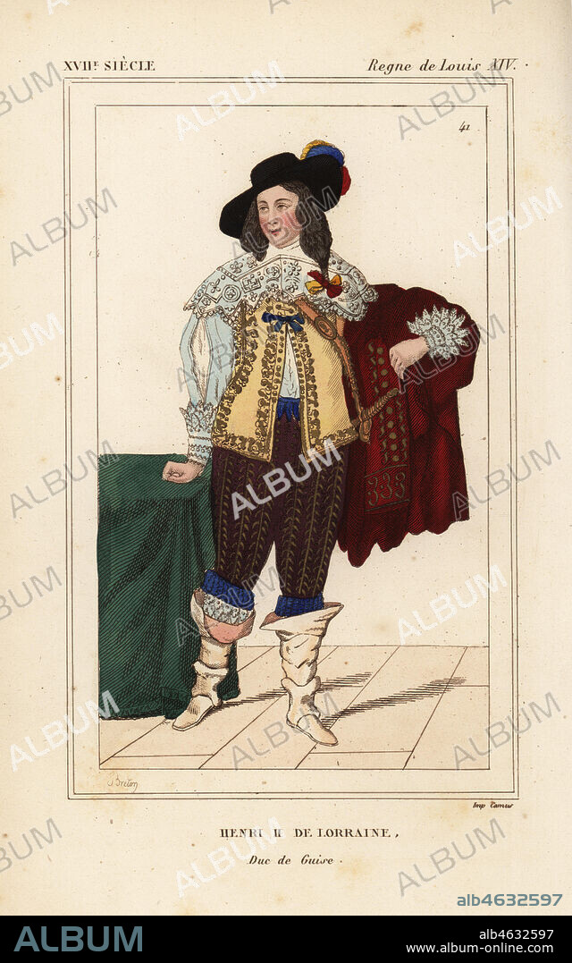 Henry II de Lorraine, 5th Duke of Guise (1614-1664), second son of Charles, Duke of Guise and Henriette Catherine de Joyeuse. Handcoloured lithograph after a portrait by Antony Van Dyck in Roger de Gaignieres' gallery portfolio X 60 from Le Bibliophile Jacob aka Paul Lacroix's Costumes Historiques de la France (Historical Costumes of France), Administration de Librairie, Paris, 1852.