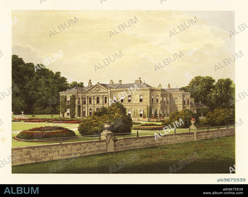 Studley Royal, Yorkshire, England. Medieval manor house rebuilt by John Aislabie, Chancellor of the Exchequer, in 1716. Neoclassical Palladian portico added in 1762 by William Aislabie. Home of George Robinson, 2nd Earl of Ripon. Colour woodblock by Benjamin Fawcett in the Baxter process of an illustration by Alexander Francis Lydon from Reverend Francis Orpen Morriss Picturesque Views of the Seats of Noblemen and Gentlemen of Great Britain and Ireland, William Mackenzie, London, 1880.