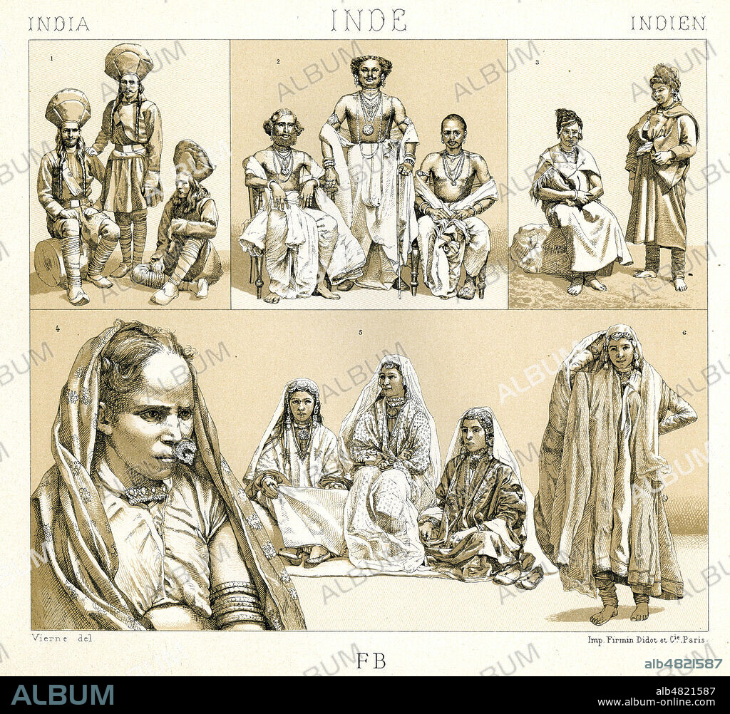 'Inde. Soldats cachemiriens. Aborigenes : les koulou et les Mina. Nautch-girls du Cachemire. Princes indigenes'. Planche tiree de l'ouvrage de RACINET (1825-1893) 'Le Costume historique' publie entre 1876 et 1888. Credit : Collection Grob/KHARBINE-TAPABOR.