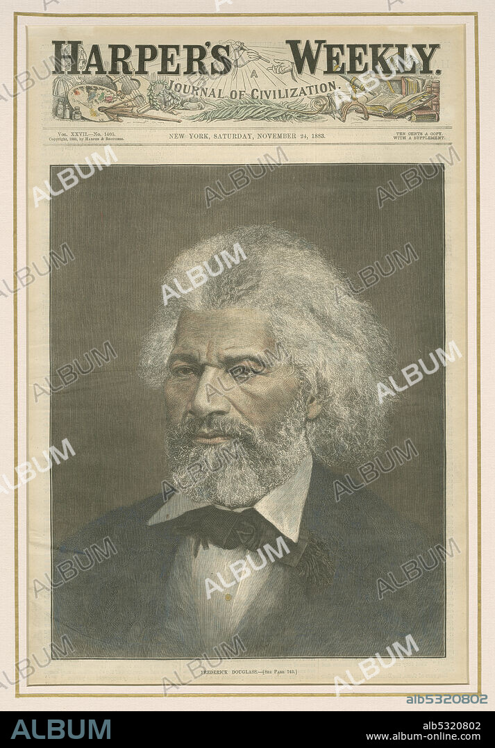 The front page of Harper’s Weekly: Journal of Civilization, Vol. XXVII, No. 1405 with a full-page portrait of African-American diplomat, abolitionist and writer Frederick Douglass (1817-1895) who escaped from slavery in Maryland aged 21. He became a national leader of the abolitionist movement. Famous for his oratory and incisive antislavery writings, he was described by abolitionists as a living counterexample to slaveholders' arguments that slaves lacked the intellectual capacity to function as independent American citizens. Typed below the image is "FREDERICK DOUGLASS - [See Page 743].".