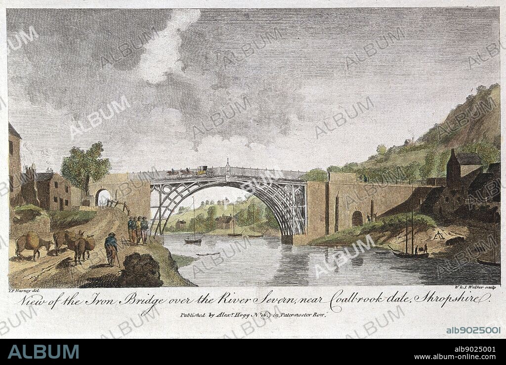 Abraham Darby III's iron bridge across the Severn at Ironbridge, Coalbrookdale, England. First iron bridge in world, built between 1776 and 1779. In front of left abutment are 4 'hobblers' pulling a boat. Engraving.