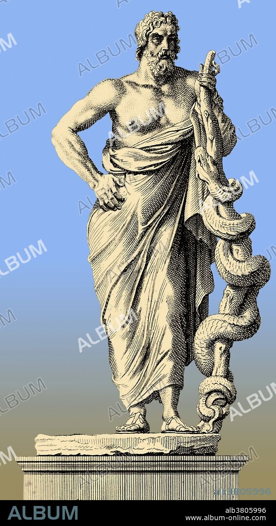 Color enhanced illustration of Aesculapius. Asclepius (Aesculapius) is the God of Medicine and Healing in ancient Greek religion. Asclepius represents the healing aspect of the medical arts. The rod of Asclepius, a snake-entwined staff, remains a symbol of medicine today (not to be confused with the caduceus, or staff with two snakes). Some historians have proposed that there may have been a historical Asclepius during the Greek Dark Ages, who became the subject of a Hero cult and on whom the mythological character was based. Aesculapius standing, one hand on cane entwined with serpent, other hand at hip.