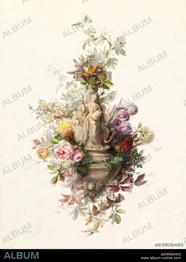 JEAN MARIE REIGNIER. Holy Water Stoup with Figures of Faith, Hope and Charity, 1864. Reignier trained at the School of Fine Arts in Lyon, France, and became a professor there, specializing in flower painting. Lyon was an important center for the silk industry, and because naturalistic floral motifs were popular designs for textiles in the mid-19th-century, flower painting was both encouraged and rewarded financially. Large textile firms would even keep their own greenhouses with flowers and plants for their designers to work from. Reignier’s symmetrical and tightly executed watercolor could have been easily adapted to be a design for a textile or wallpaper. This work was commissioned by William T. Walters in 1864 to be used as the frontispiece to one of his drawings albums containing works on paper with the theme of religious devotion.