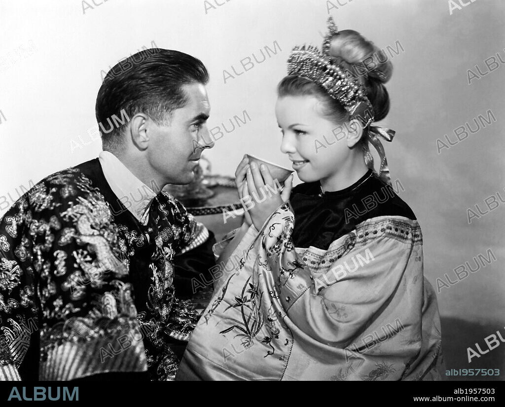 CECILE AUBRY and TYRONE POWER in THE BLACK ROSE, 1950, directed by HENRY HATHAWAY. Copyright 20TH CENTURY FOX.