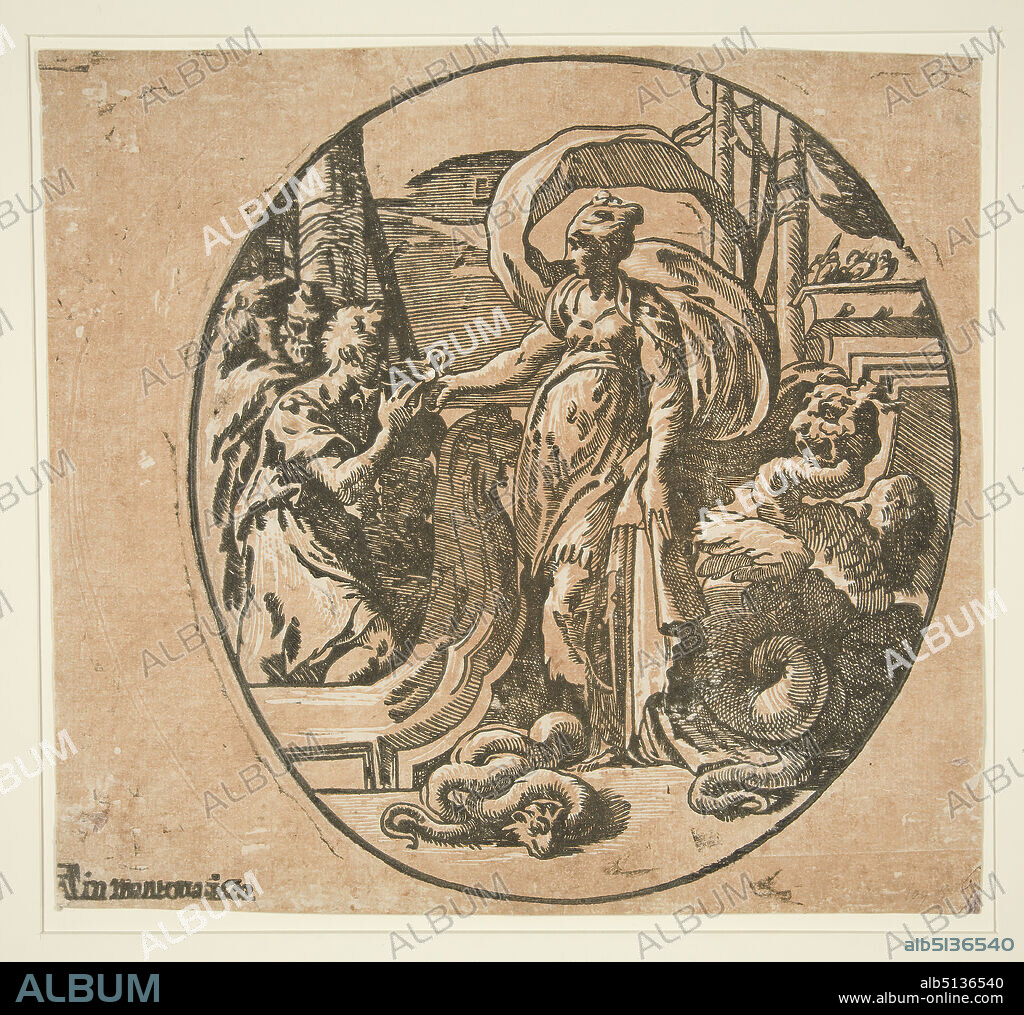 Woodcutter: Unknown, Woodcutter Attributed to: Antonio da Trento, Italian, 15081550, Artist, workshop of: Giuseppe Niccolò Vicentino, Italian, active 154050, After: Parmigianino, Italian, 15031540, Publisher: Andrea Andreani, Italian, 1558/591629, Circe Offering Drink to the Companions of Ulysses, Chiaroscuro woodcut from 2 blocks, sheet: 24.4 × 25.5 cm (9 5/8 × 10 1/16 in.), Italian, 16th century, Works on Paper - Prints.