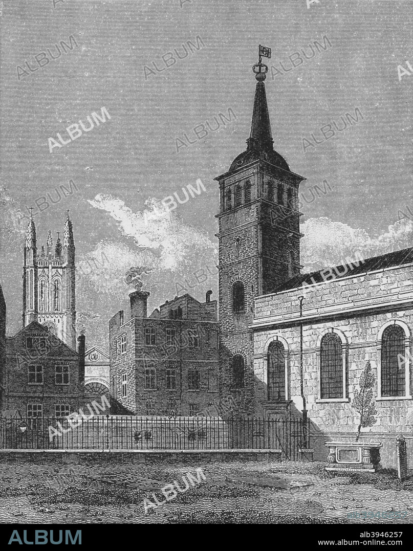 St Peter's Church, Cornhill, City of London, 1811 (1911). St Peter upon Cornhill is an Anglican church on the corner of Cornhill and Gracechurch Street in the City of London. It was destroyed in the Great Fire of London in 1666 and rebuilt to the designs of Christopher Wren between 1677 and 1684. From London - The City, by Sir Walter Besant. [Adam & Charles Black, London, 1911].