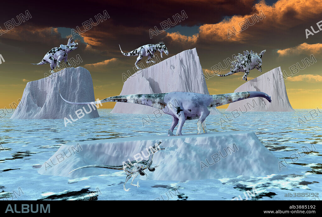 A surreal fantasy concept image depicting dinosaurs frozen in ice during an imaginary prehistoric ice age.