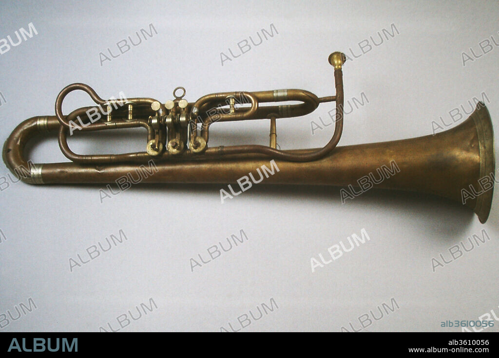 Valved Ophicleide (Bombardon) in B-flat. Culture: Austrian. Dimensions: Height: 33 3/4 in. (85.7 cm)
Diameter (Of bell): 8 1/8 in. (20.7cm). Maker: Franz Leibelt (Austrian, Rothan 1814-1856 Innsbruck). Date: 1855-60.
Rotary valves following the model of Ferdinand Hell (1844). Leibelt's instrument is a blend of valved ophecleide and bombardon, both which were designed in 1835. Later, this model fused with euphoniums, tubas, and "small basses.".