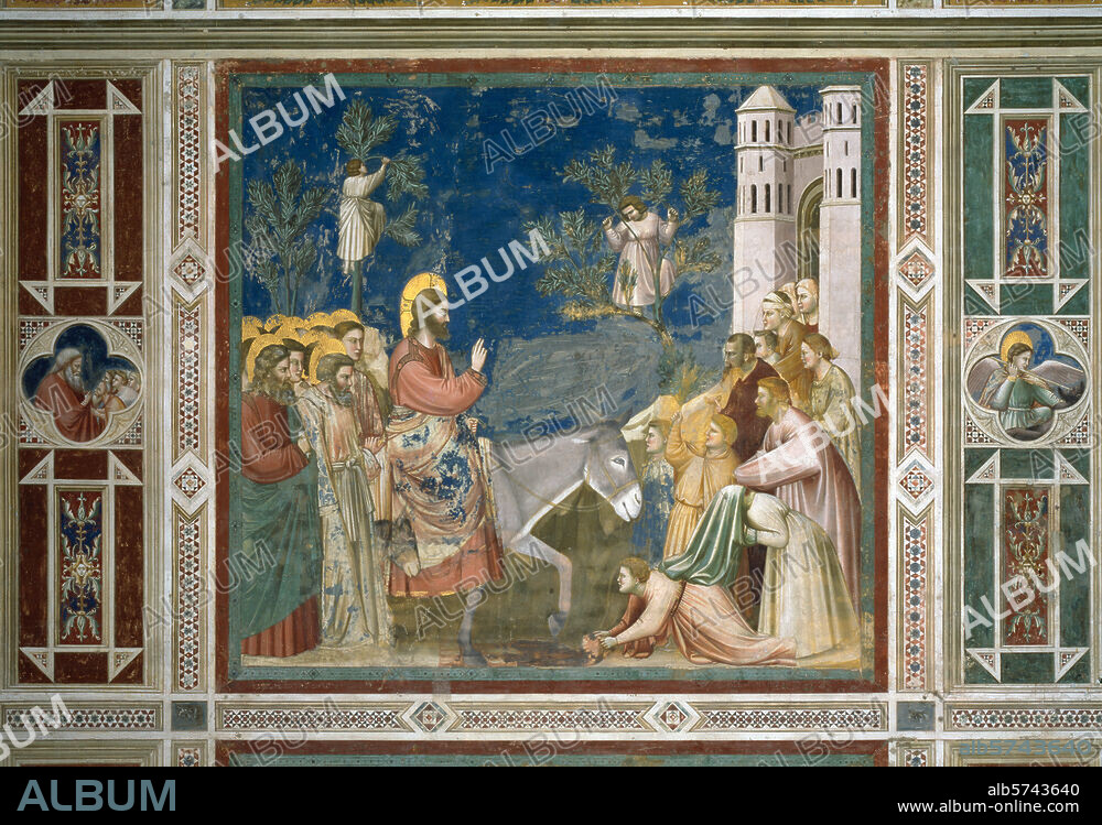 Giotto di Bondone; c. 1266-1337; and studio. "The Entry into Jerusalem", c. 1303/05. Fresco, approx. 185 × 200cm. From the series with scenes from the lives of Mary and Christ. Padua, Cappella degli Scrovegni, left wall, centre row, 5th picture.