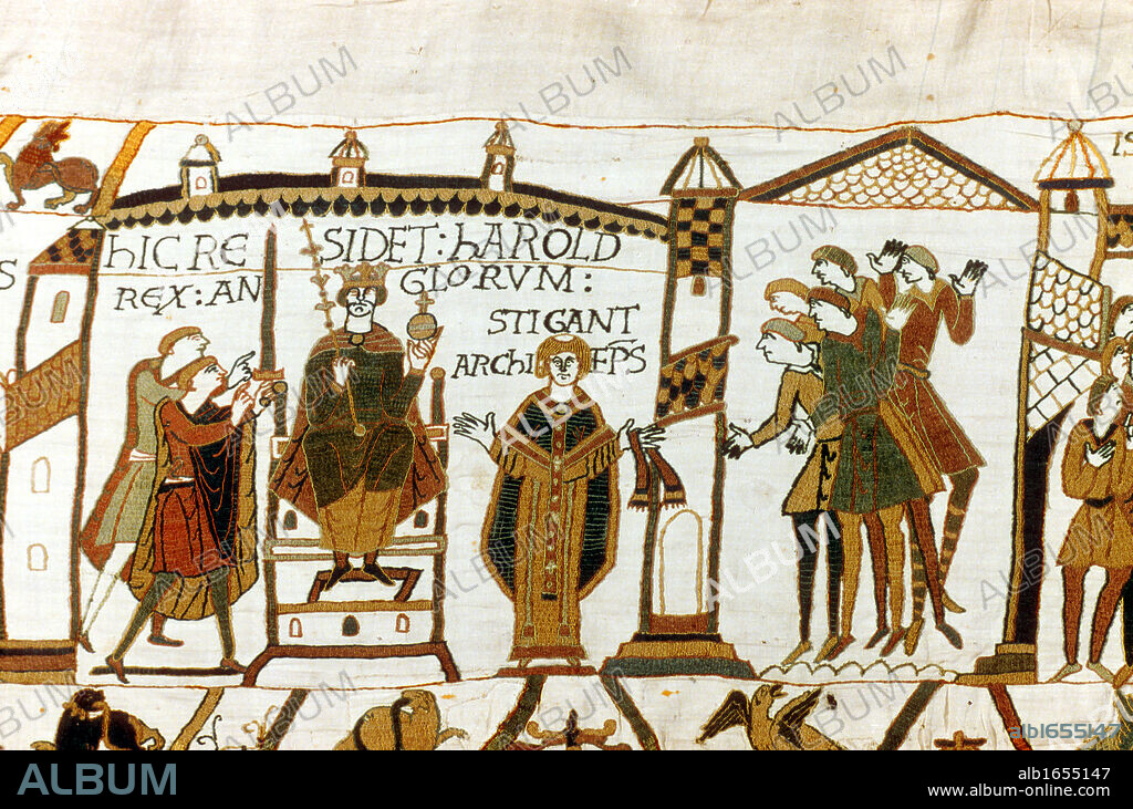 Bayeux Tapestry 1067. Harold II crowned King of England, 6 January 1066. Harold enthroned holding orb and sceptre, Archbishop Stigand on his right. Anglo-Saxon Coronation Ceremony Christian Textile Embroidery Linen.