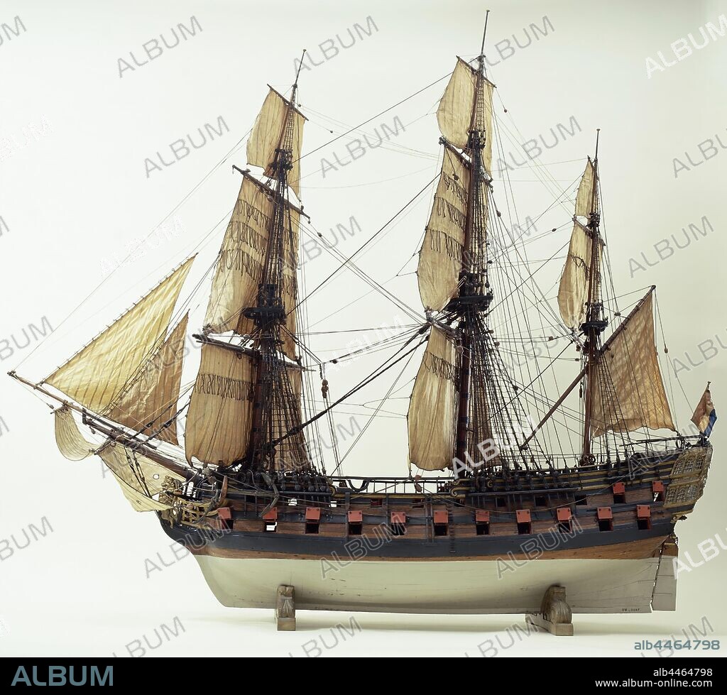 Model of a 46-Gun Frigate, Polychromed and witnessed model of the two-deck warship Theresia Maria. Full body with two decks, a wide mountain wood at the level of the lower artillery deck, two mountains at the level of the upper artillery deck with cannons. Richly decorated mirror, ship model (propulsion of vehicle, ship, etc. by wind), Theresia Maria (ship), anonymous, Netherlands, 1775 - 1800, pine (wood), wood (plant material), iron (metal), brass (alloy), textile materials, rope, glass, paint (coating), h 180 cm × l 200 cm × w 90 cm h 184 cm × w 204 cm × d 91 cm.