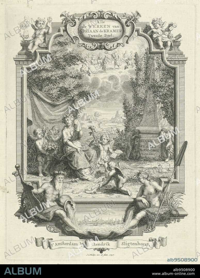 Poetry mourns the death of the writer Adriaan de Kramer. She is accompanied by putti with attributes symbolizing the arts. In the background the grave monument with the writer's portrait. In the sky, he is being praised, surrounded by muses. In the frame of the cartouche, a view of Amsterdam, flanked by two river gods. On the upper corners putti with Vanitas symbols, Poetry mourns the death of Adriaan de Kramer Title page for: J.A. van Orsoij, All the works of Adriaan de Kramer, 1737, print maker: Jan Caspar Philips, (mentioned on object), Jan Caspar Philips, (mentioned on object), publisher: Hendrik Sligtenhorst, (mentioned on object), Amsterdam, 1737, paper, etching, engraving, h 179 mm × w 133 mm.
