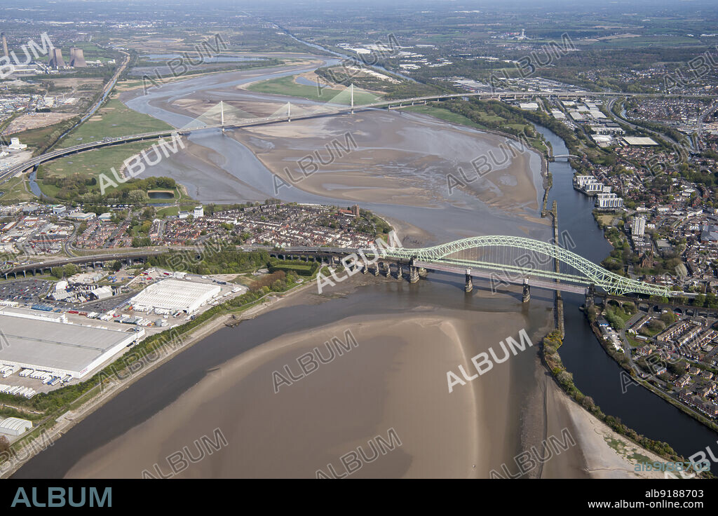 DAMIAN GRADY. Road and rail bridges over the River Mersey and Manchester Ship Canal at Runcorn Gap, Halton, 2021.
