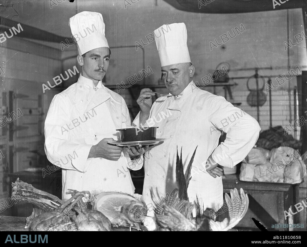 Admiral ' s Son as Chef. Mr Roderick Stanhope Wemyss , Son of Vice Admiral Edward Wemyss , is now working at Grosvenor house as assistant chef . The first step in his new career of running an hotel . M . H Malet , the chef , in one picture is seen on right , tasting soup prepared by Mr Wemyss. 13th January 1933.