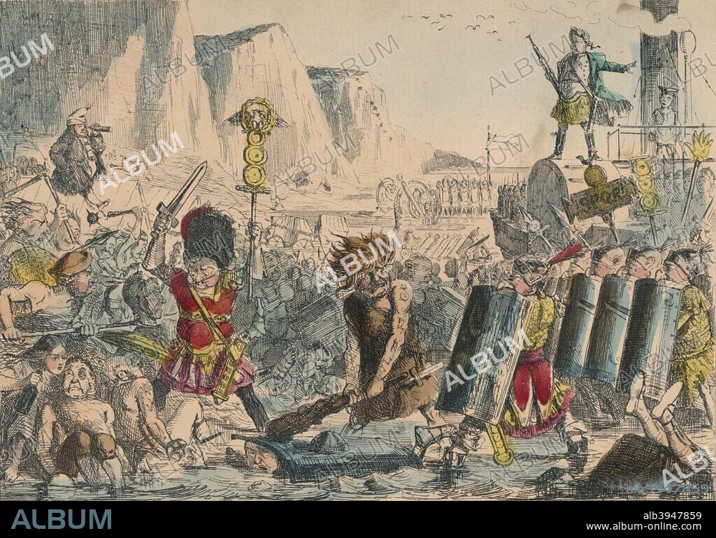 Landing of Julius Caesar, 1850. A satirical illustration showing Julius Caesar invading Britain. Julius Caesar commanded the first Roman landings in Britain in 55 and 54 BC. From The Comic History of England by Gilbert Abbott A. Beckett, illustrated by John Leech [Bradbury, Agnew & Co., London, 1850.].