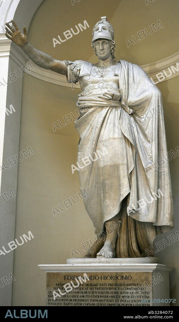 Ferdinand I of the Two Sicilies (1751-1825). King of the Two Sicilies. Statue of king with attributes of the goddess Minerva. By Antonio Canova(1757-1822), marble, 1798-1820. National Archaeological Museum, Naples. Italy.
