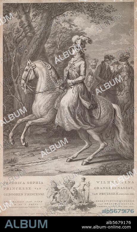 Wilhelmine (Friederike Sophie Wilhelmine), Princess of Prussia, from 1767. wife of William V of Orange, Stadtholder of the Netherlands. 7.8.1751 - 8.6.1820.  Equestrian portrait. Copper engraving, c. 1780, by Reinier Vinkeles (1741-1816) after a drawing by Tethart Philip Christian Haag (1737-1812). Berlin, Sammlung Archiv für Kunst und Geschichte.