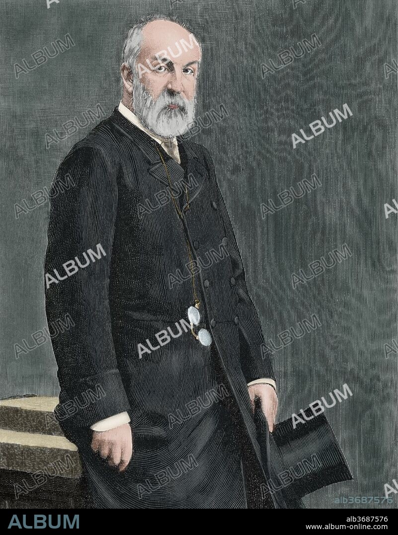 MONTPENSIER, Antonio Maria Felipe Luis de Orleans duque de (Neuilly-sur-Seine, 1824-Sanlúcar de Barrameda, 1890). Noble español hijo del rey Luis Felipe I de Francia. Cuando quedó vacante el trono español tras la revolución de septiembre de 1868, se le propuso como candidato a la corona, pero el duelo que sostuvo con el duque de Sevilla y la oposición francesa hicieron inviable su candidatura. Grabado del siglo XIX. Coloreado.