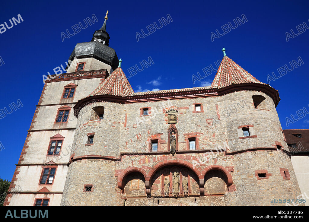 Gate Scherenbergtor and tower Kiliansturm, fortress Marienberg, Würzburg, Wuerzburg, Lower Franconia , Bavaria, Germany.