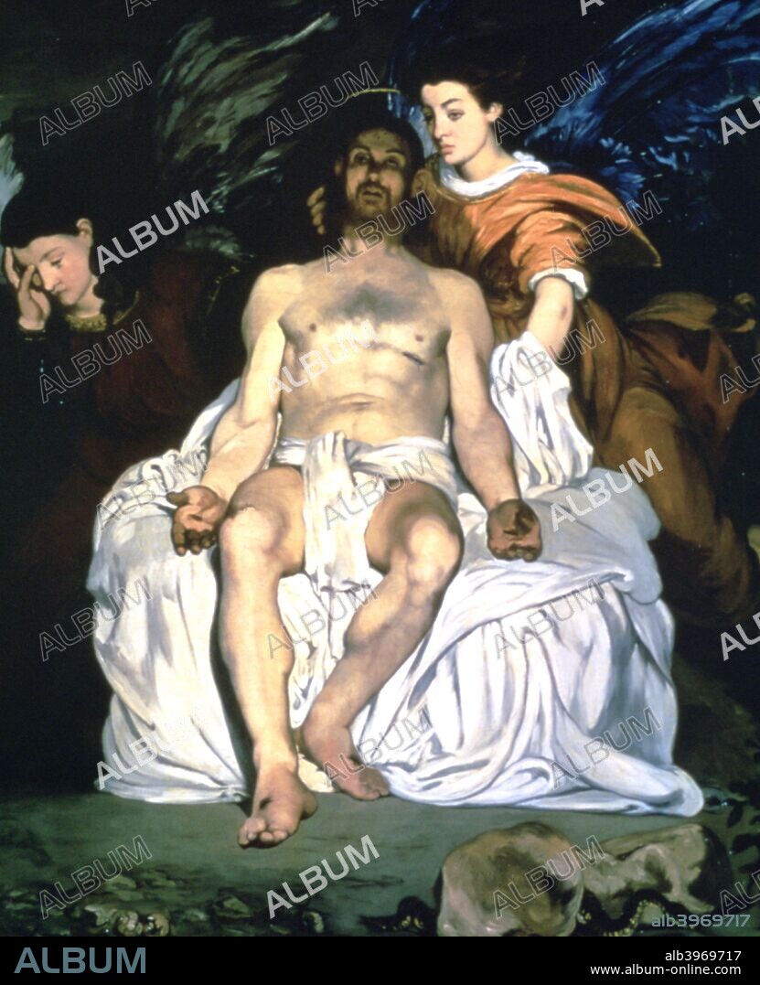 'The Dead Christ and the Angels', 1864. Located in the collection at The Metropolitan Museum of Art, New York, USA. In an inscription on the rock Manet identifies the Gospel according to Saint John as the source for the subject of this painting, but in the passage cited the angels are positioned differently, and in all four Gospels the resurrected Christ is no longer in the tomb.