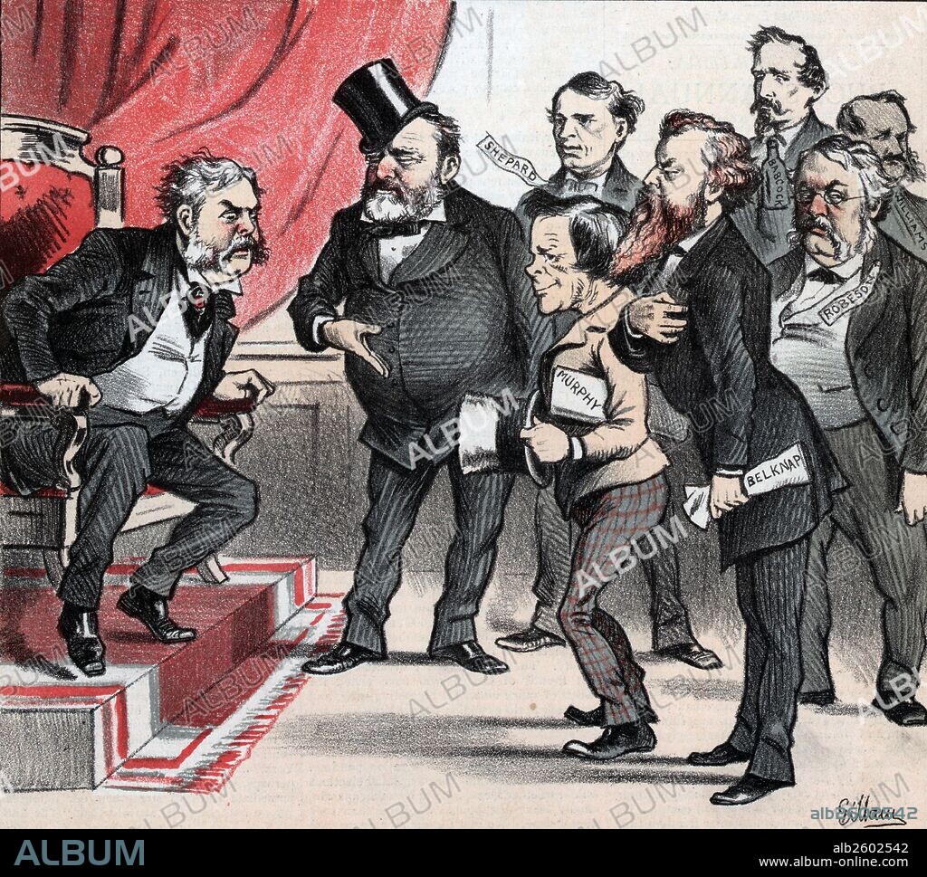 A way out of President Arthur's dilemma' Ulysses S. Grant recommending to President Chester A. Arthur some "friends" of his as political appointees; all the men shown were involved in scandals during Grant's administration.
