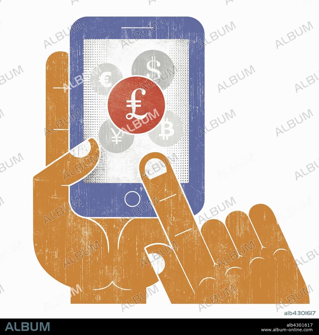 Hand choosing pound sign currency on smart phone screen.