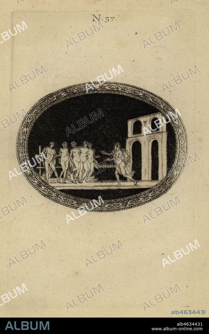 Emperor Nero at the banquets of Tigellinus. He escapes an amphitheater wearing a bear skin and attacks the genitals of men and women bound to stakes. Neron sort de la grotte de lampitheatre couvert dune peau dours. Copperplate engraving from Pierre-Francois d'Hancarvilles Monumens de la Vie Privee des Douze Cesars, Chez Sabellus, Capri (Monuments of the Private Lives of 12 Caesars, Leclerc, Nancy) 1780. From imaginary Spintria, medals and cameos.