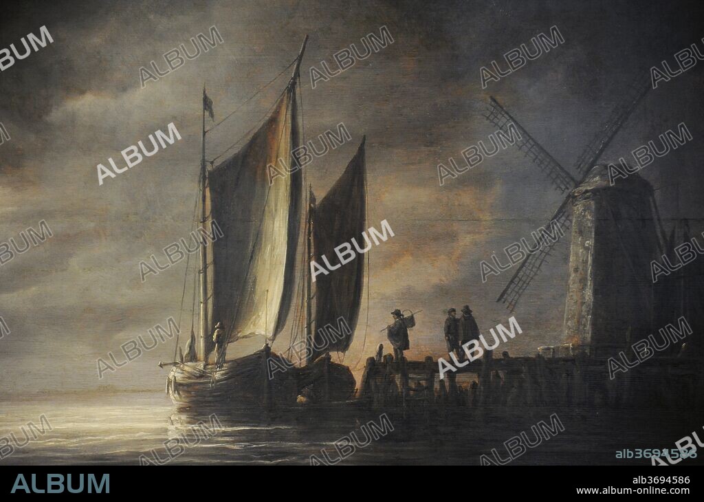 Albert Jacob Cuyp (1620-1691). Pintor holandés. Puerto de Dordrecht a la luz de la luna, hacia 1645. Detalle. Museo Wallraf-Richartz. Colonia. Alemania.