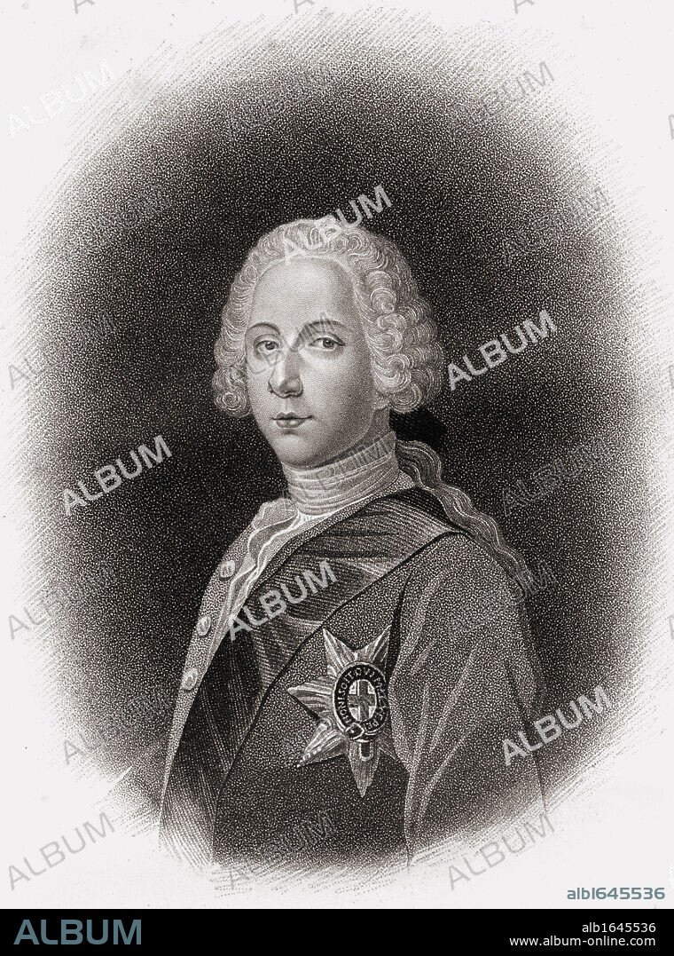 Charles Edward,The Young Pretender, Bonnie Prince Charlie 1720-1788. Engraved by M. Page from an original picture by Vandeist, in the possession of Earl Beauchamp. From the book "The History of Scotland" published 1828.